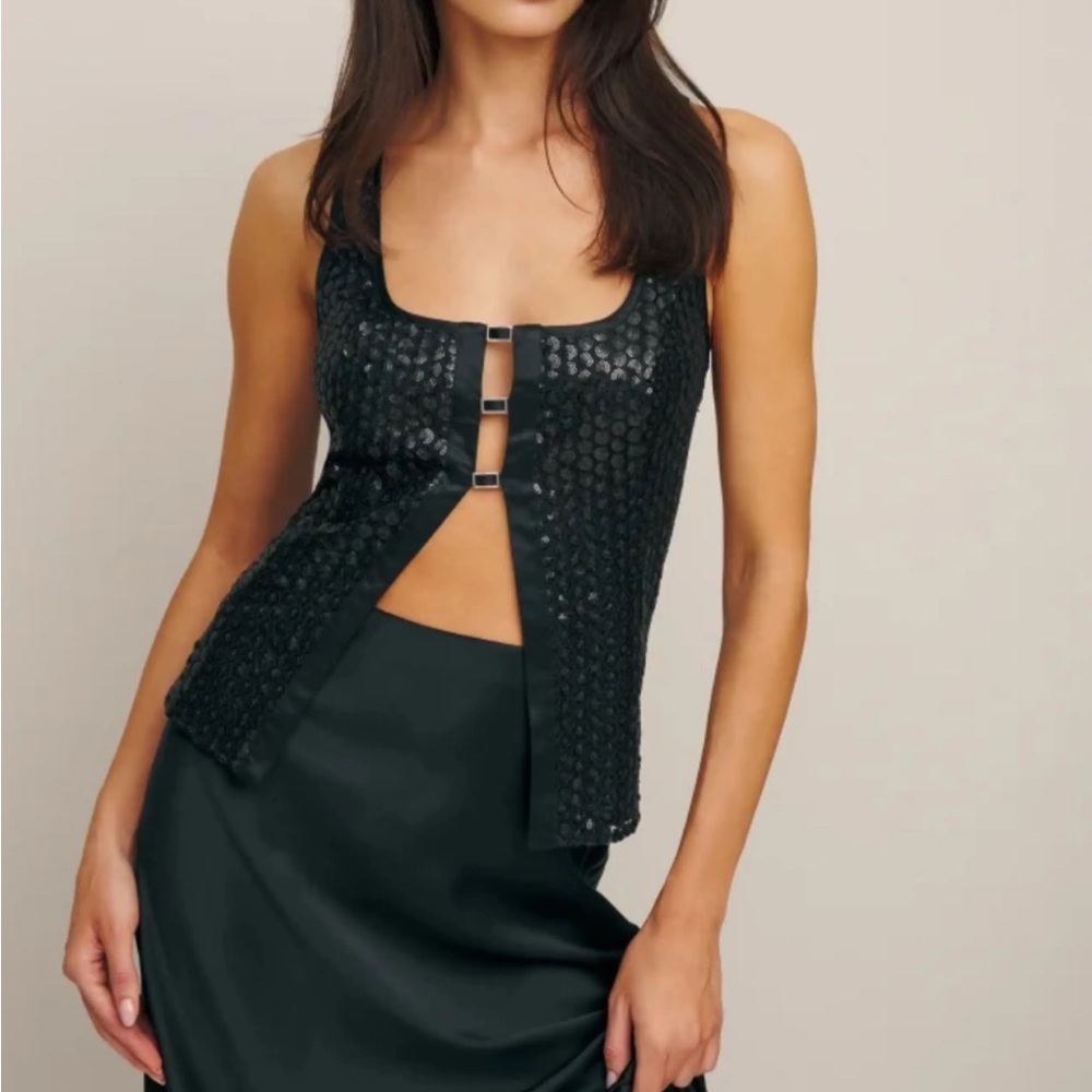 Reformation Shimmering Black Sequin Blouse